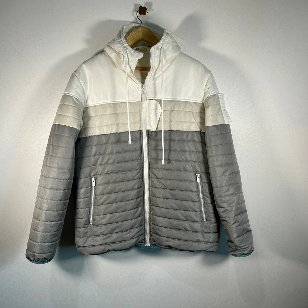 Original Fables Colorblock Puffer Jacket Hooded Full Zip XLarge Gray‎ White